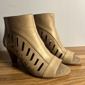 Nine West Ryner Leather Ankle Boot Size 7 Tan Open Toe Back Zip Laser Cone Heel